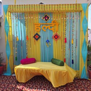 🌼 Vibrant Haldi Ceremony Decoration Setup – Traditional Yellow & Blue Theme 🌼