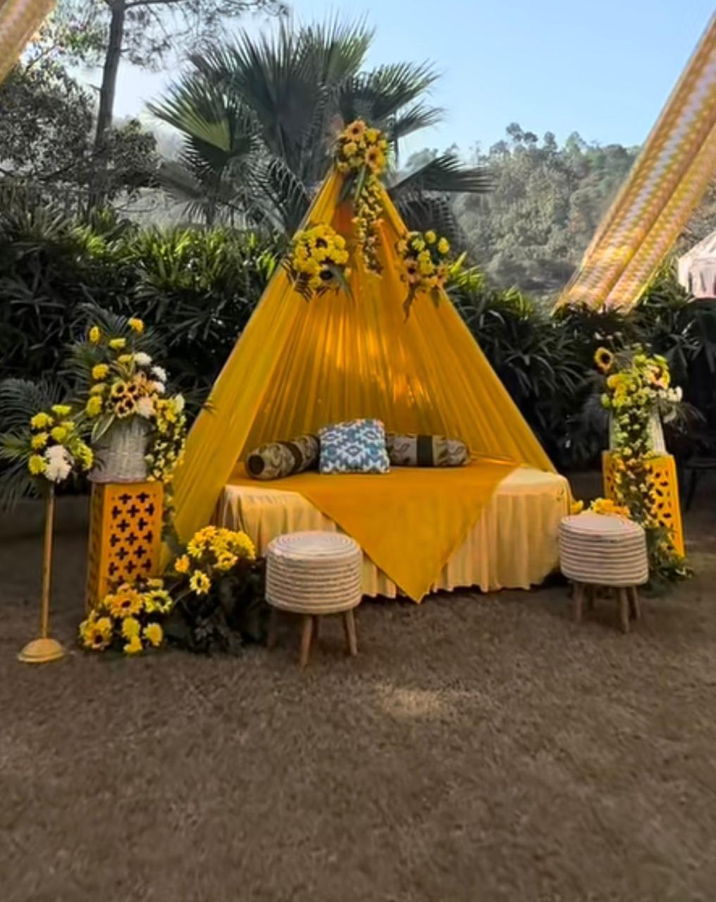 Haldi Ceremony Decorators in Rudrapur | Outdoor Yellow Canopy Setup
