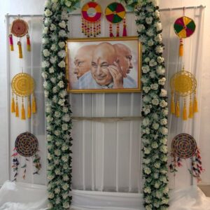 Divine Guru Ji Satsang Stage Decoration with Premium Floral Framing