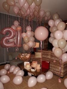 21st Birthday Rose Gold Balloon & Cake Table Setup Decoration