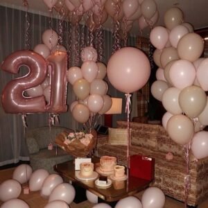 21st Birthday Rose Gold Balloon & Cake Table Setup Decoration