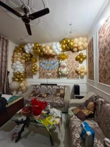 Baby Shower Decoration with White, Gold & Beige Balloon Setup