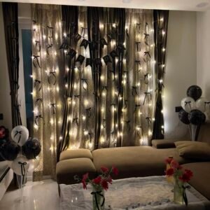 Elegant Black & White Birthday Decoration with Fairy Lights Home Birthday Decor
